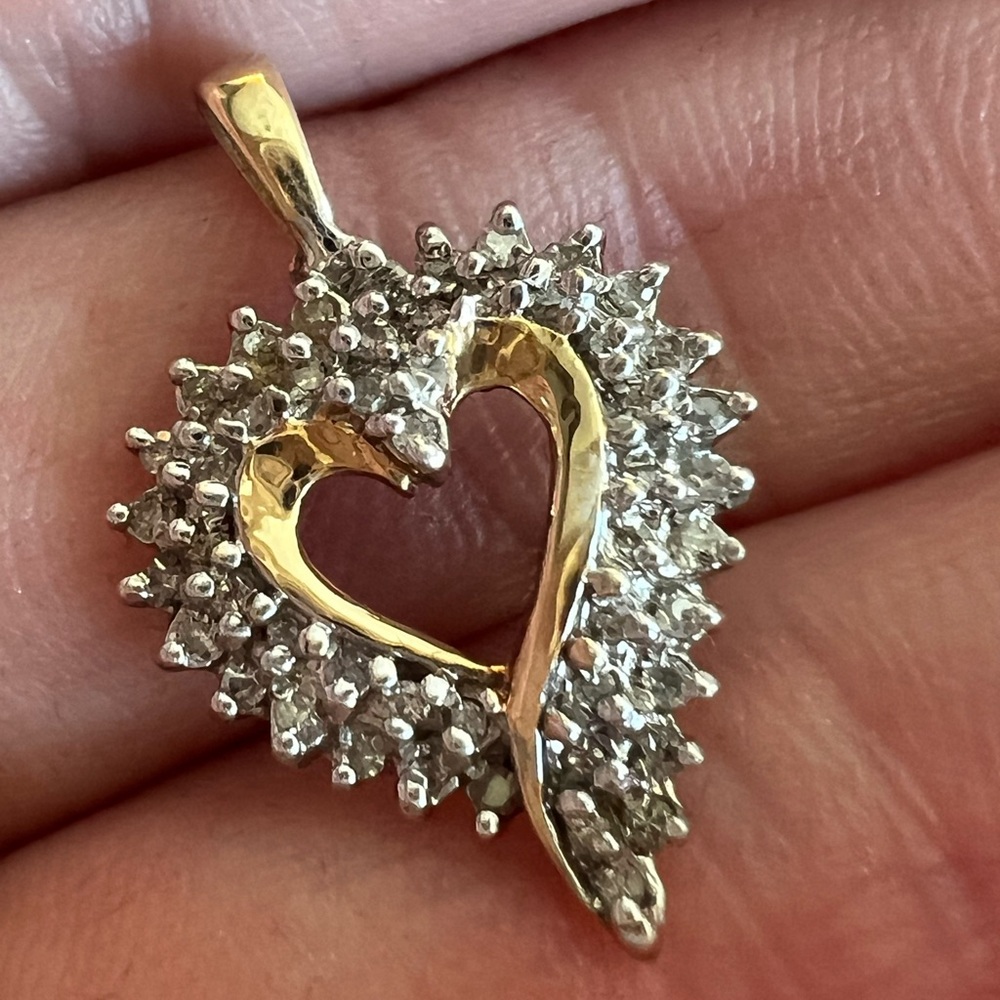 10K Gold Heart Pendant Double Row Diamonds 1 inch